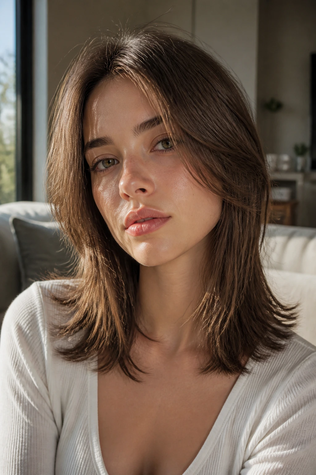 Close-up of a real person with long face-framing wolf cut