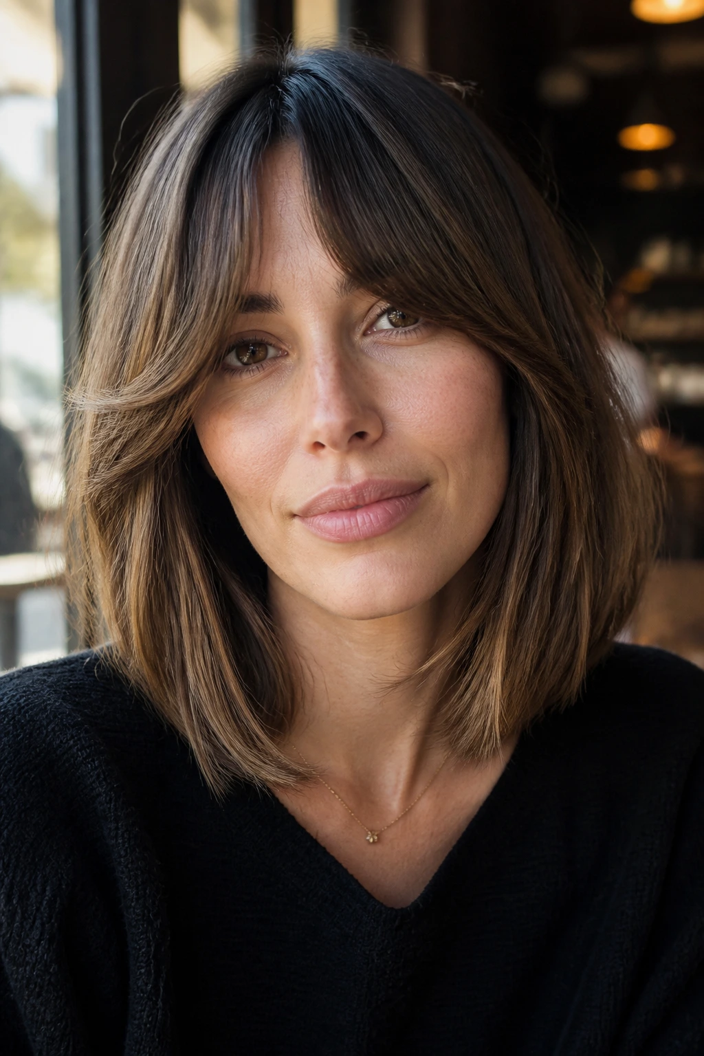 Close-up portrait of a real person with long-face shape and fuller curtain bangs