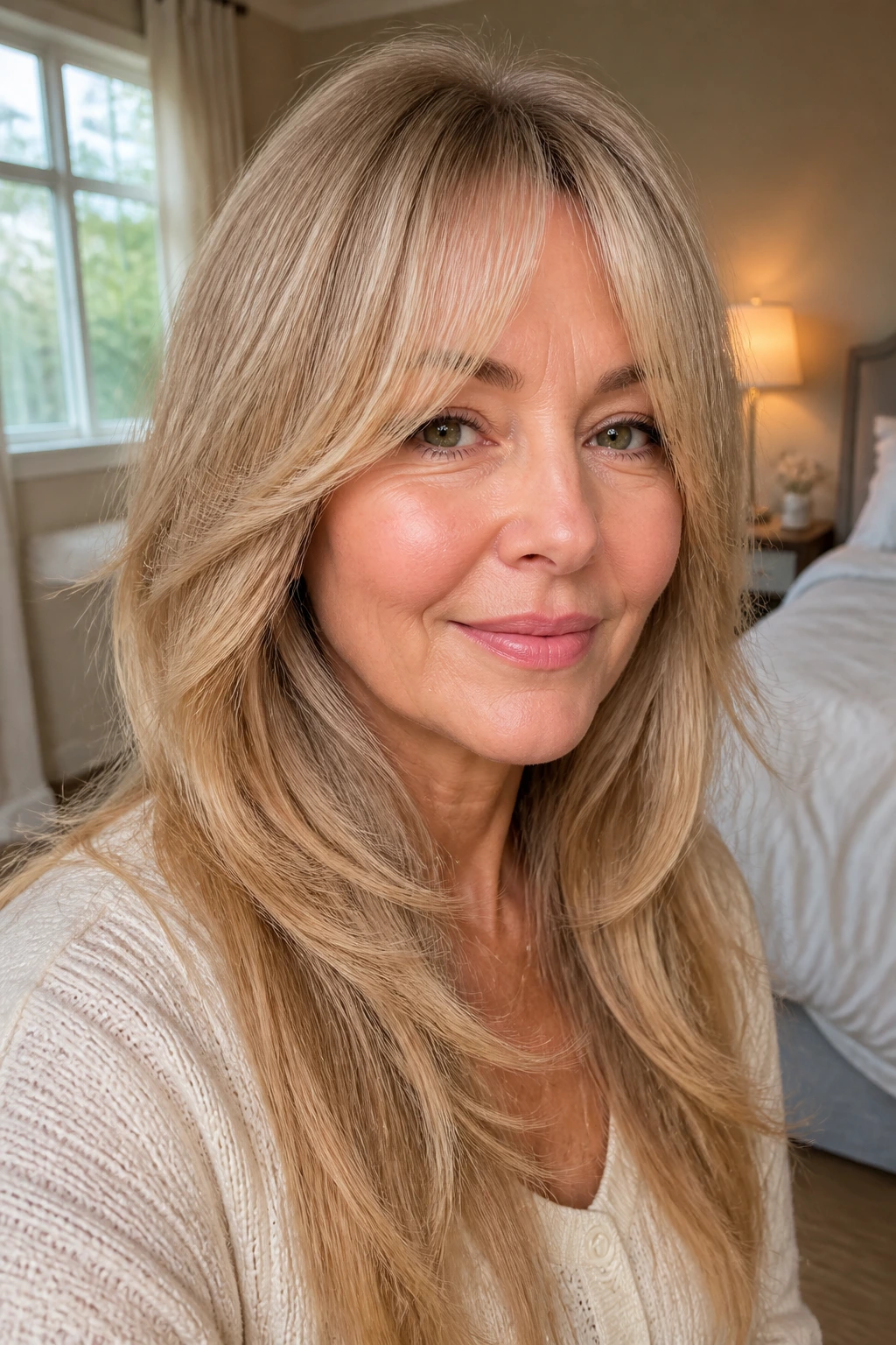 Close-up portrait of a real woman with long feathered bangs blending into face-framing layers in a cozy bedroom