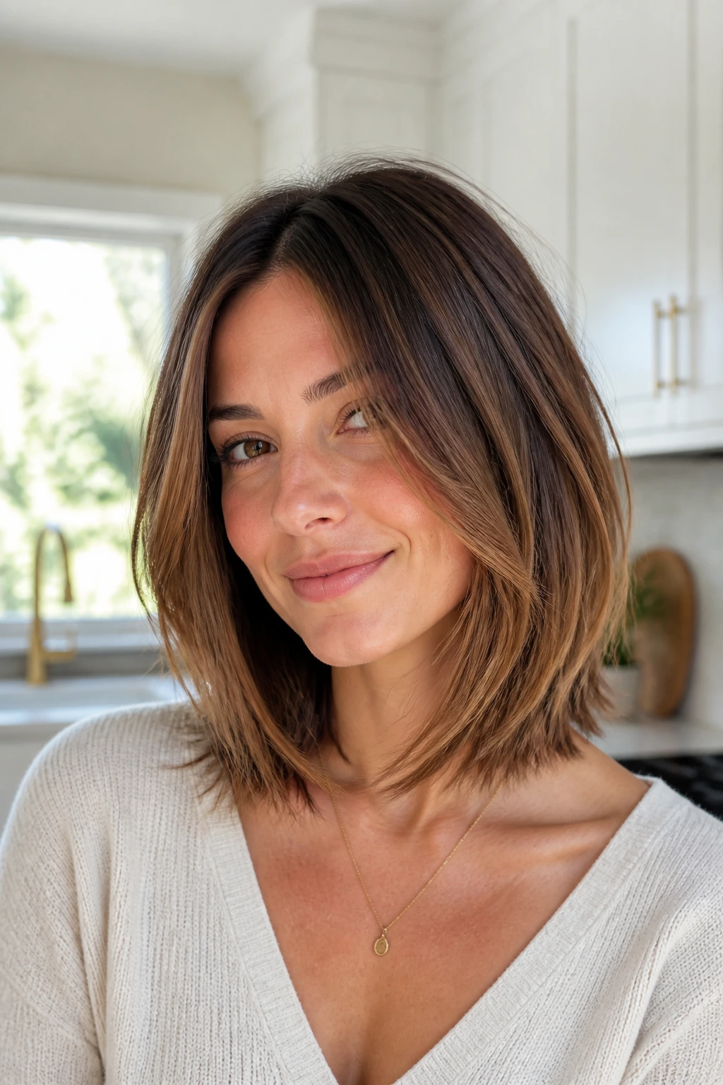 Close-up of a real woman with a long feathered bob at collarbone length in bright daylight.