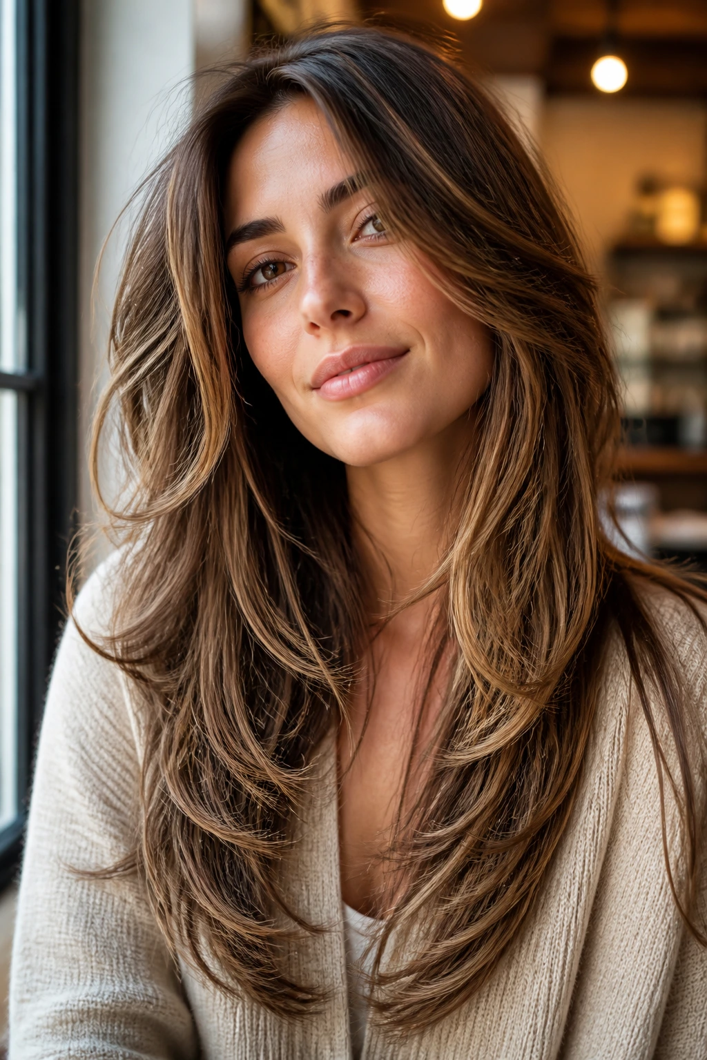 Real woman with long feathered layers in warm daylight