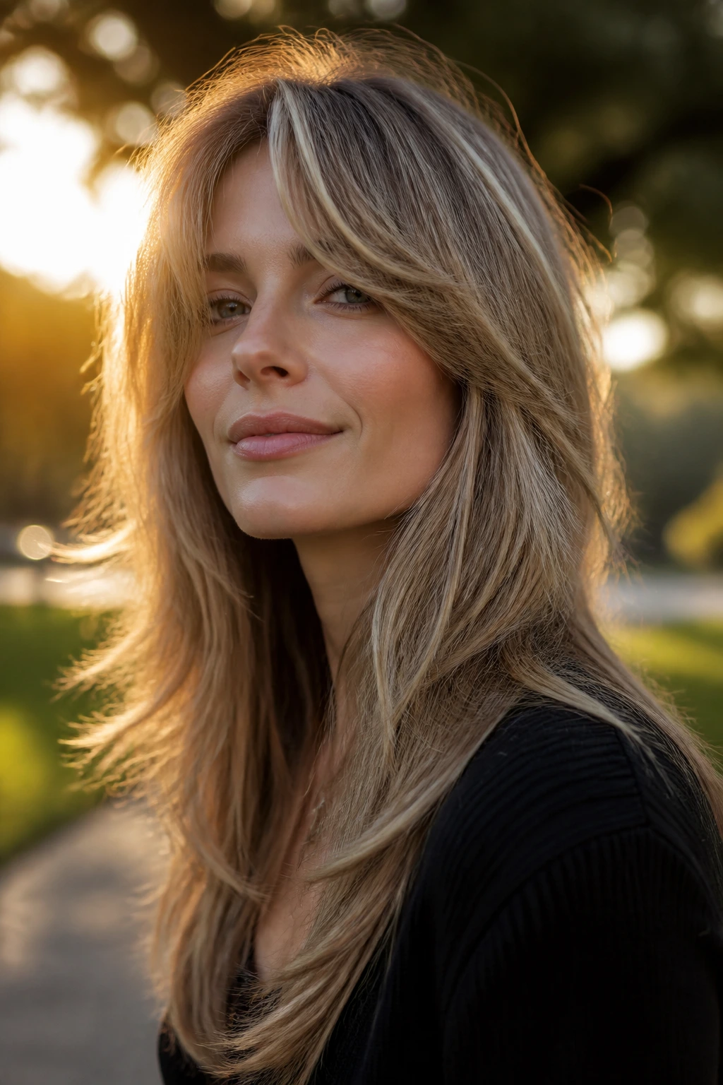 Portrait of a woman with long feathered shag and invisible layers in golden hour light