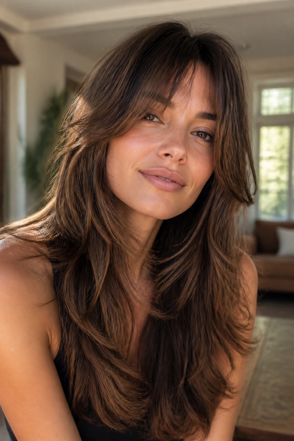 Portrait of woman with long feathered shag hairstyle in home setting