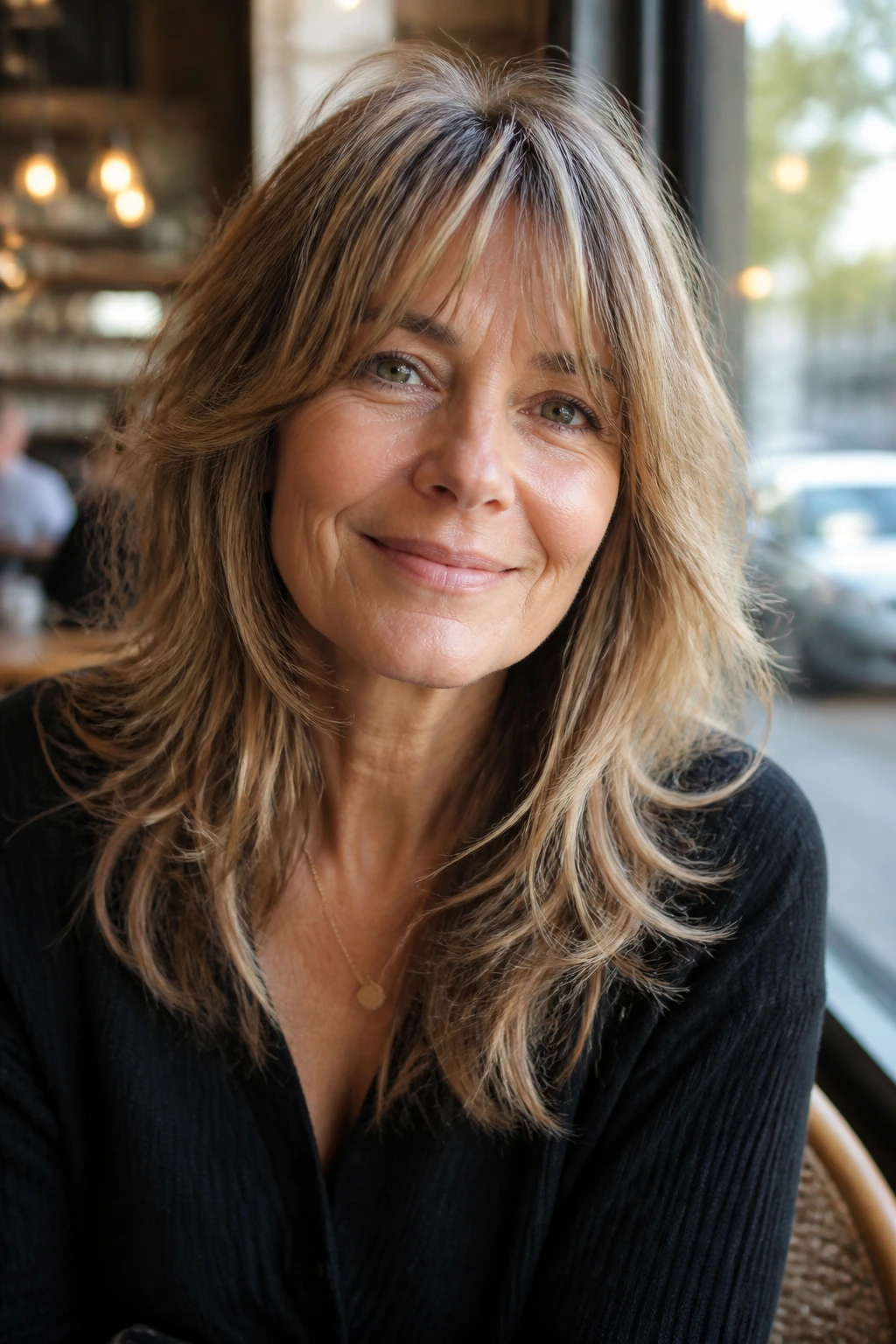 Portrait of a real person with long feathered shag showing feathered ends and movement in natural cafe light.
