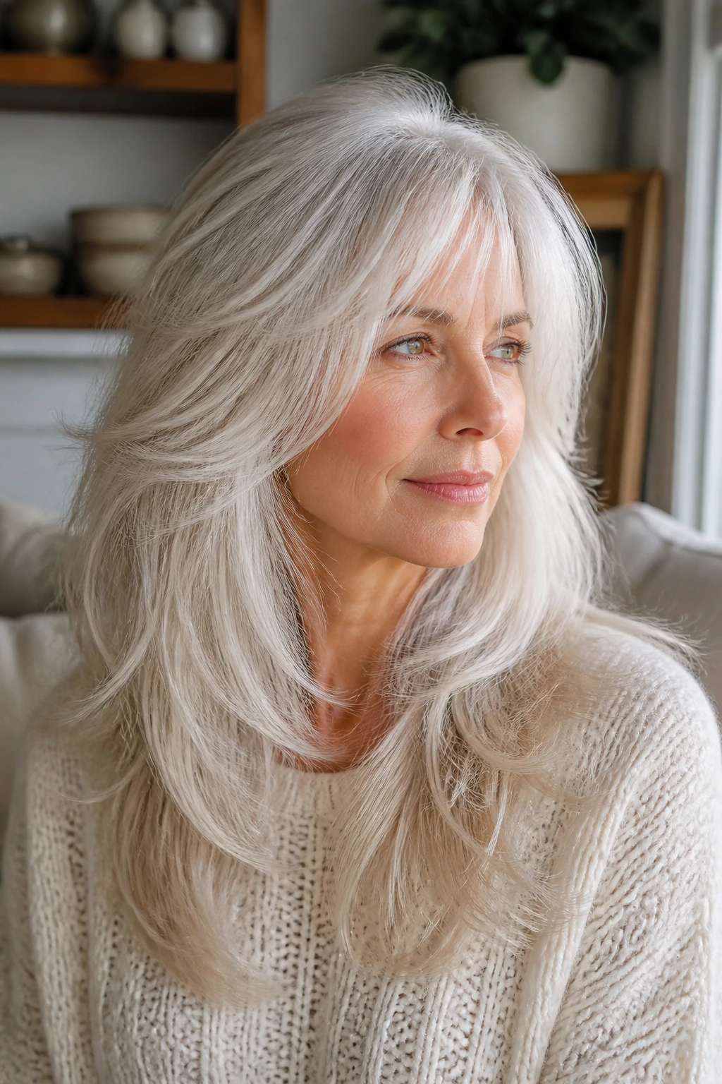 Portrait of a woman with long feathered wolf cut with soft ends in platinum