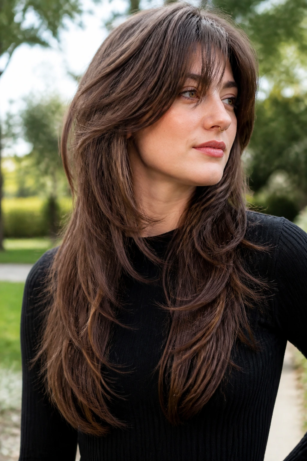 Close-up of a real person with a long feathered wolf cut showing movement in mid-lengths