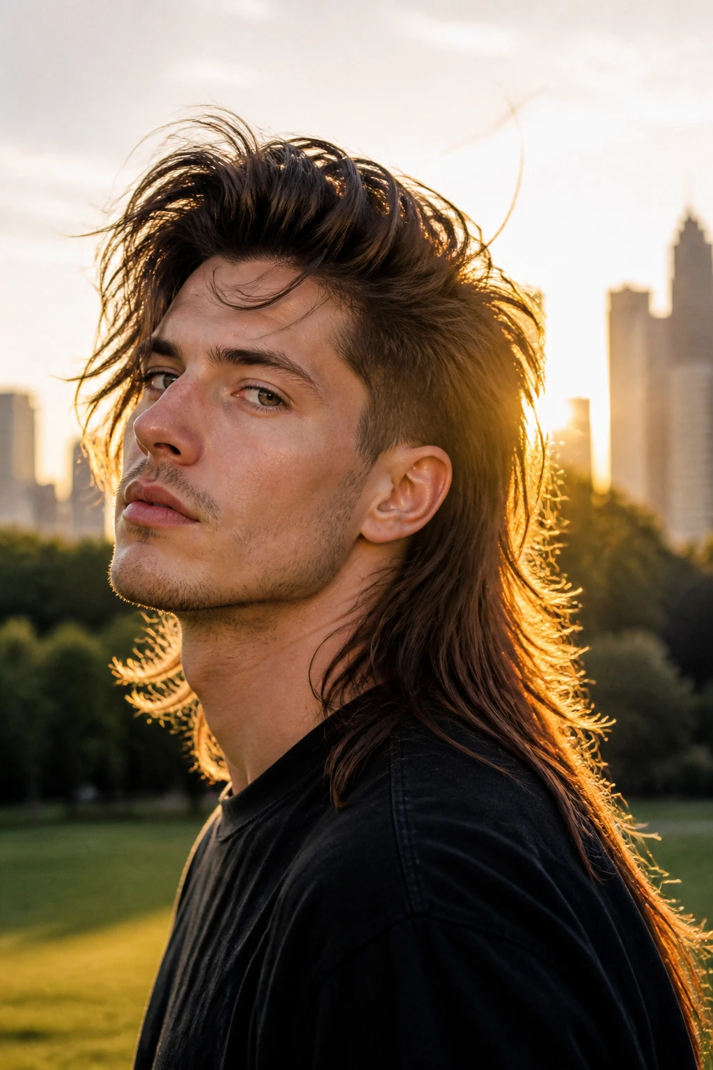 Real person with long flow mullet and narrow sides outdoors at golden hour.