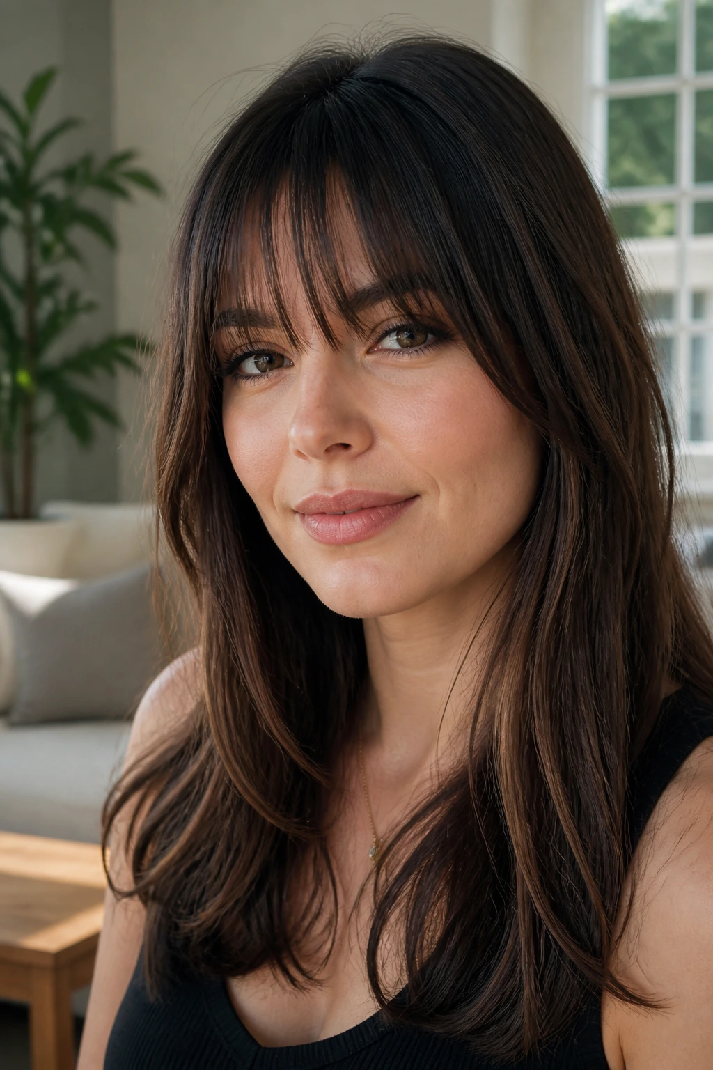 Close-up portrait of a real person with long forehead bangs near the lashes