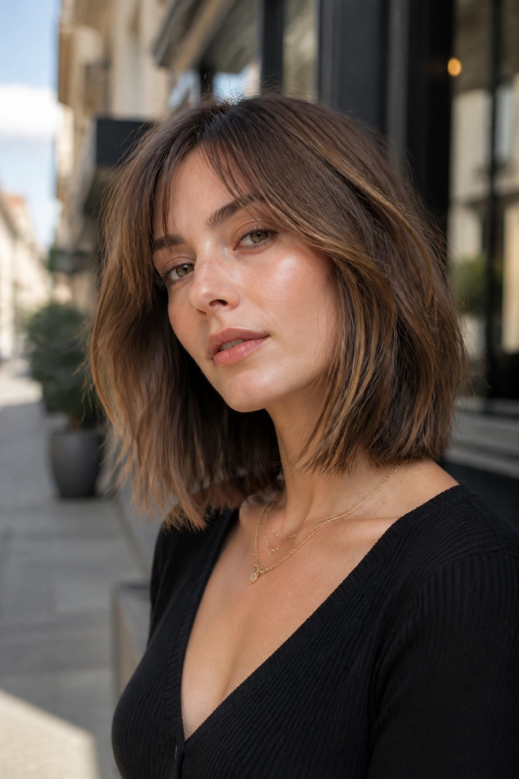 Close-up of a real woman with long French bob on a sunny day