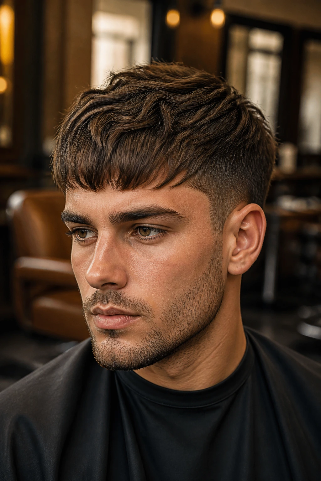Close-up of a man with a long French crop and short fringe hairstyle in a barber shop