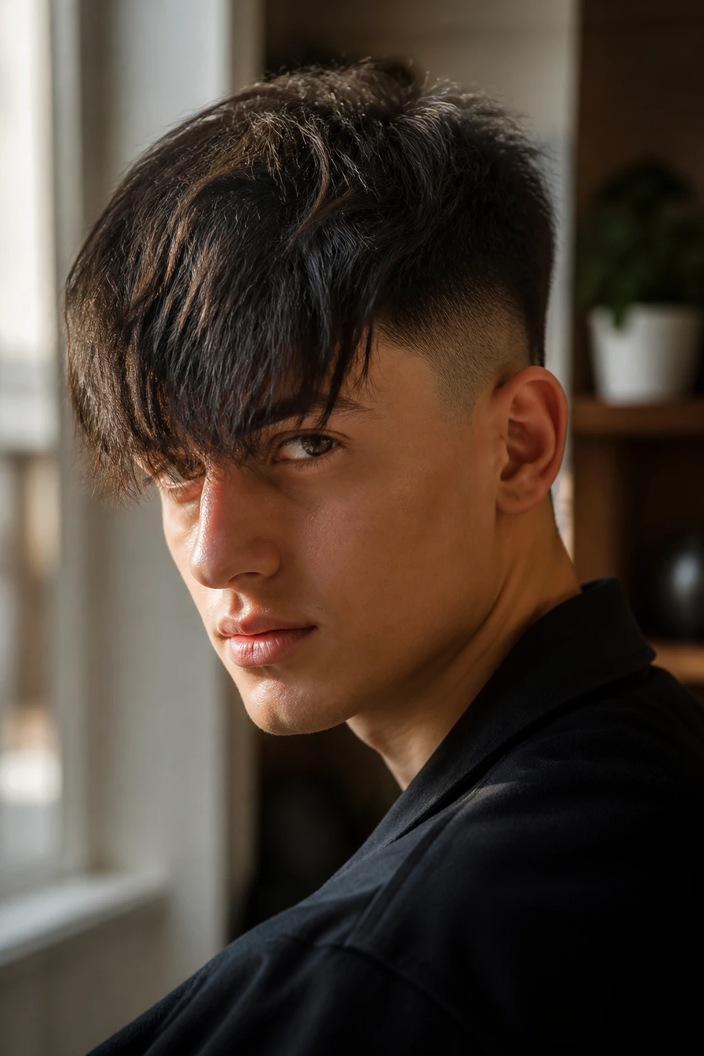 Close-up portrait of a person with a long fringe Chelsea cut falling over the eyes.