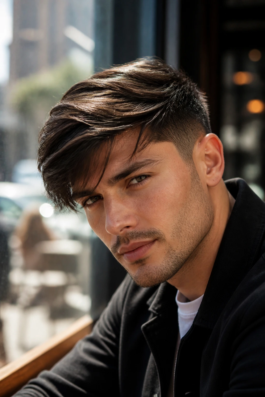 Close-up portrait of a man with long fringe comb over in soft daylight.