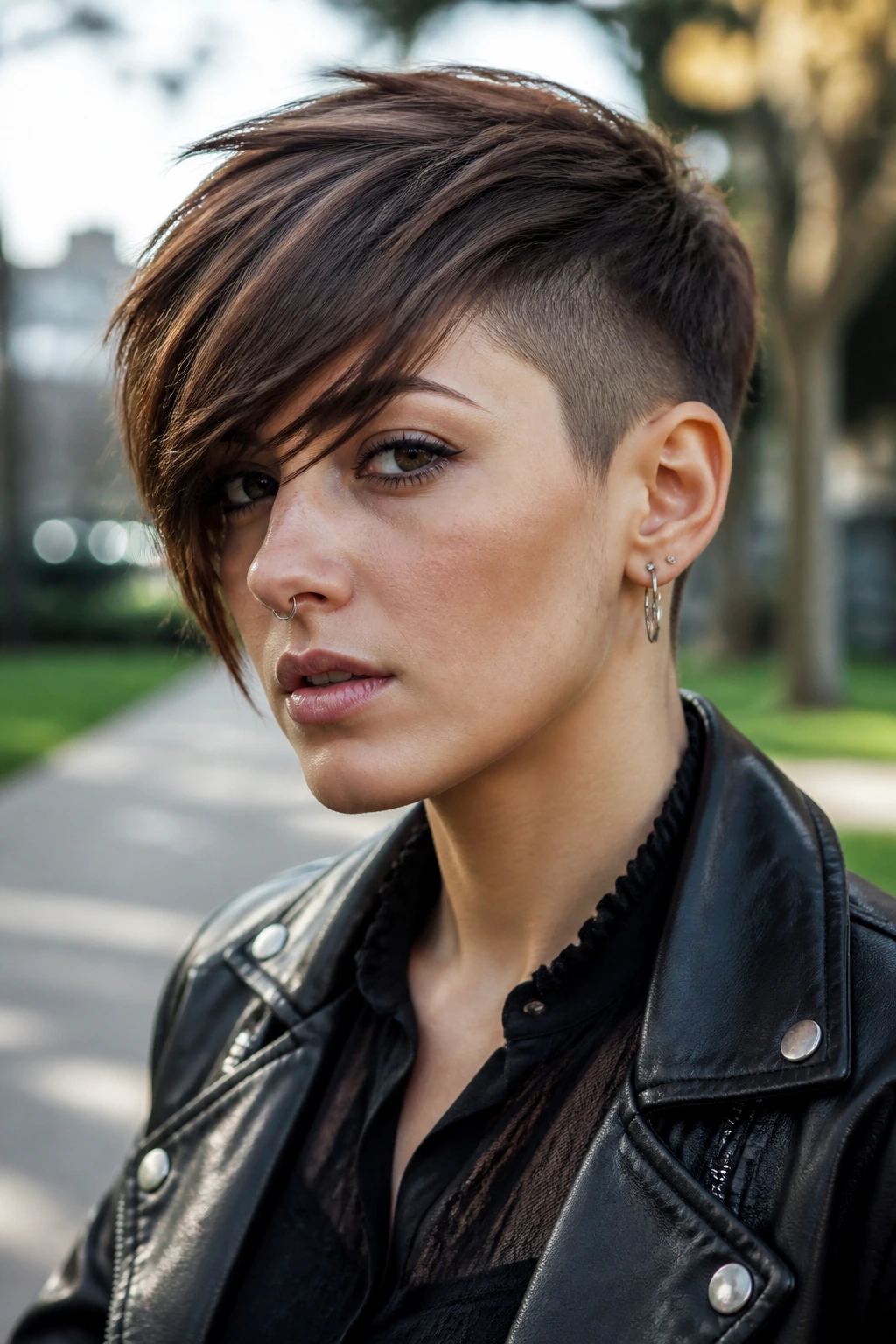 Close-up of a real woman with long fringe and shaved temples in a park setting