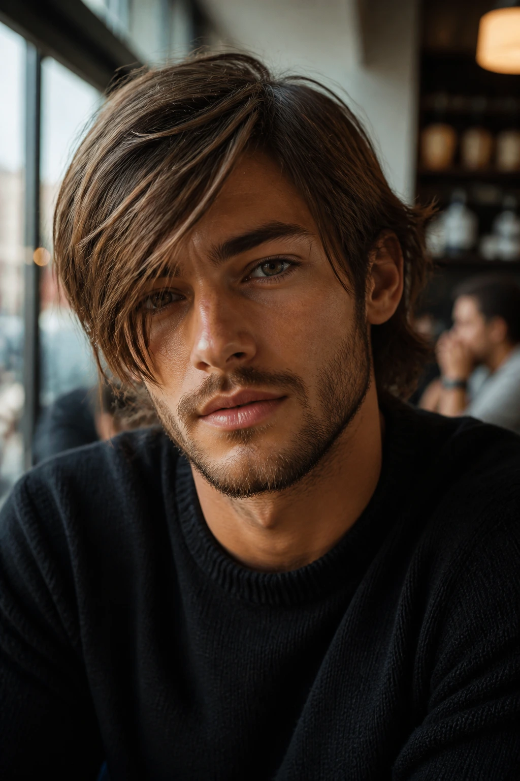 Man with long fringe hairstyle in cafe light