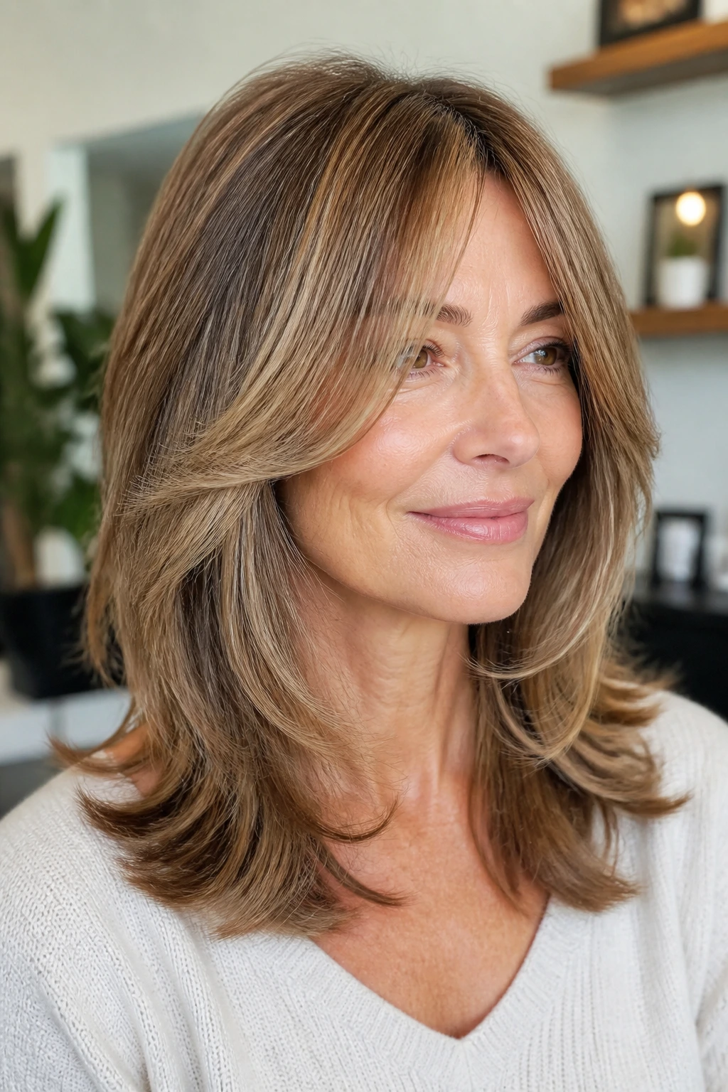 Close-up of long fringe blending into layered hair on a real woman.