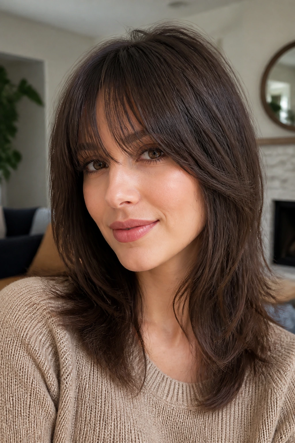 Close-up of a real person with long fringe and tapered layers.