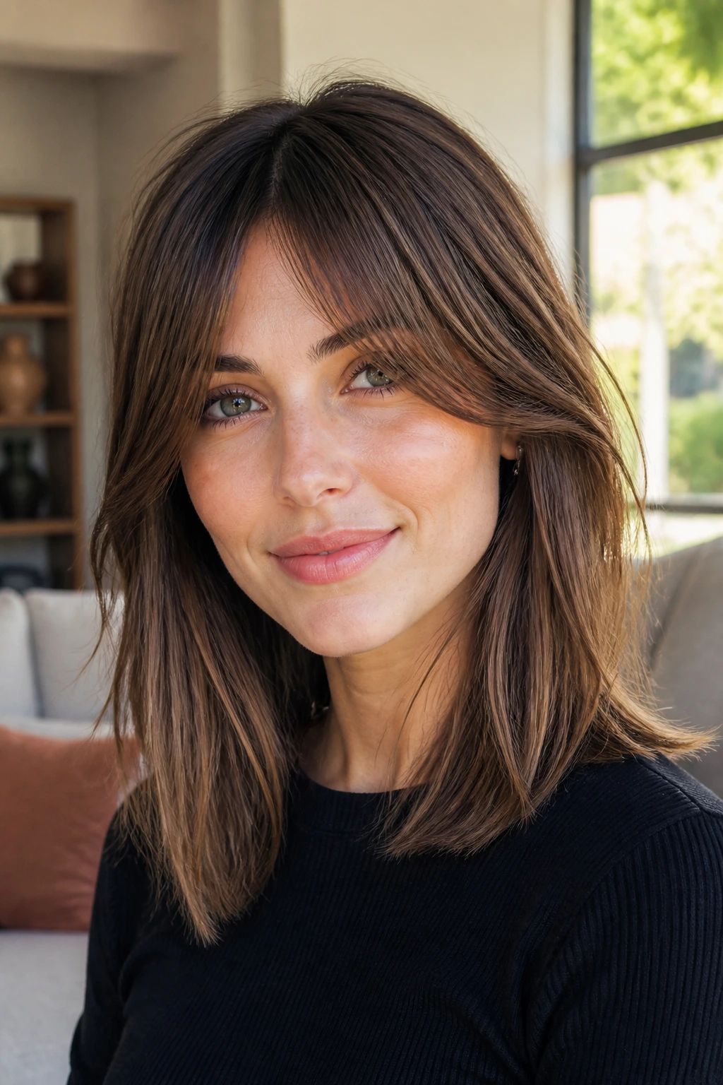 Close-up portrait of real woman with long fringe lob framing the face