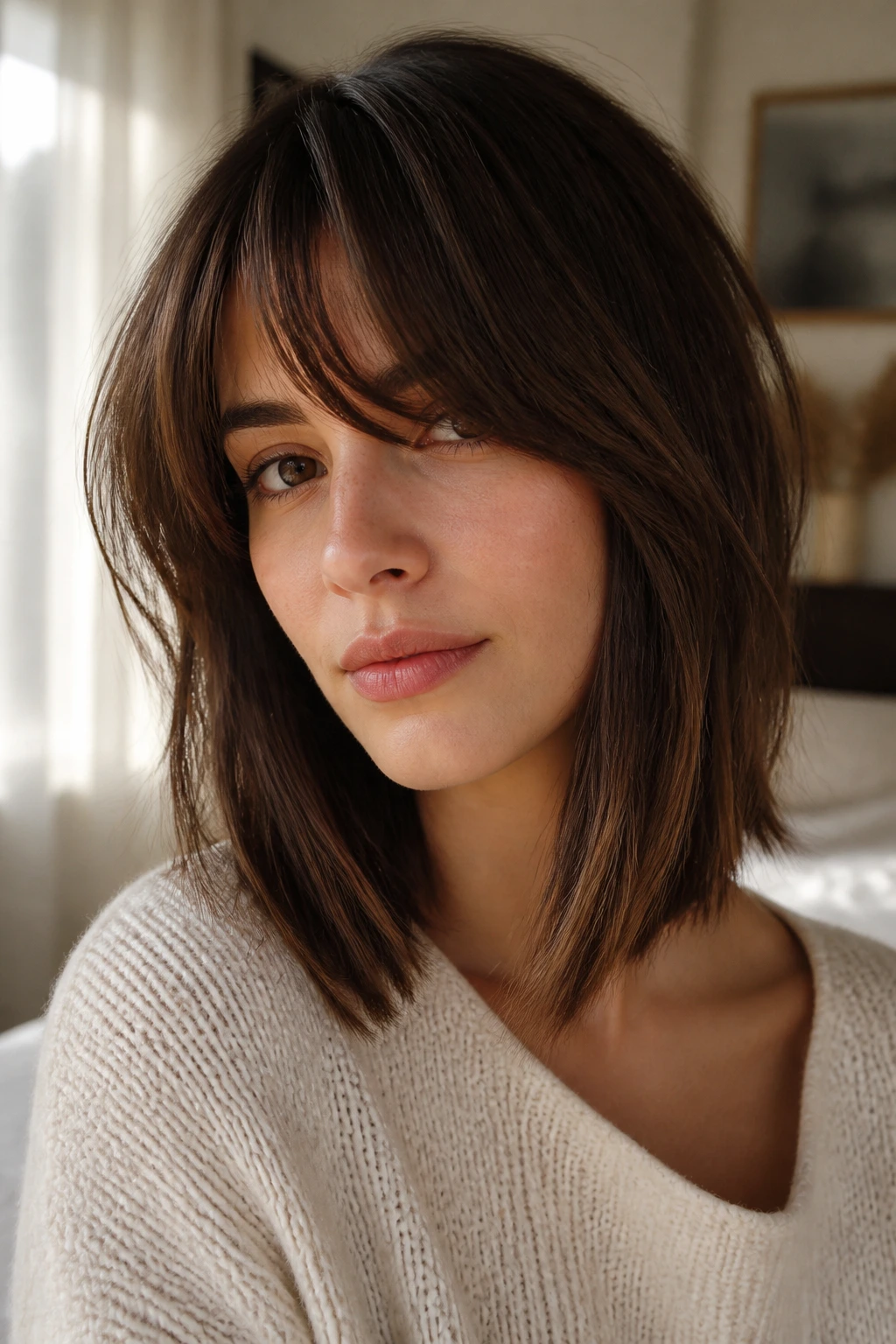 Close-up portrait of a real woman with long fringe and soft bangs on a lob
