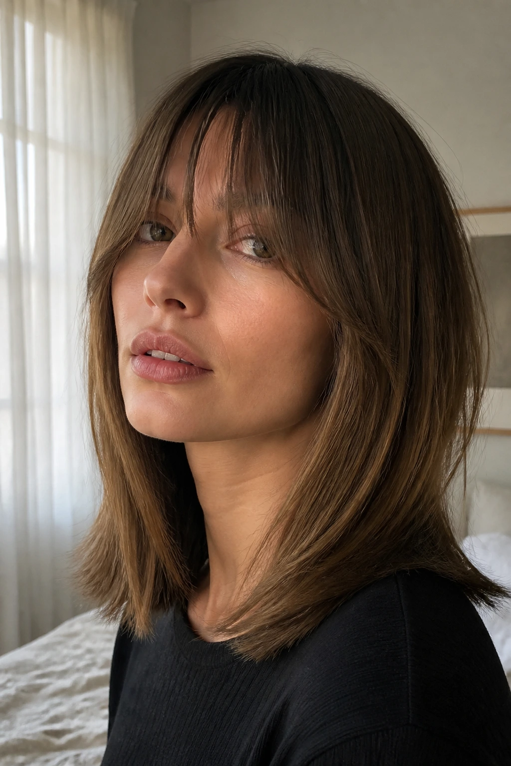 Close-up portrait of a real woman with a long fringe midi cut hairstyle