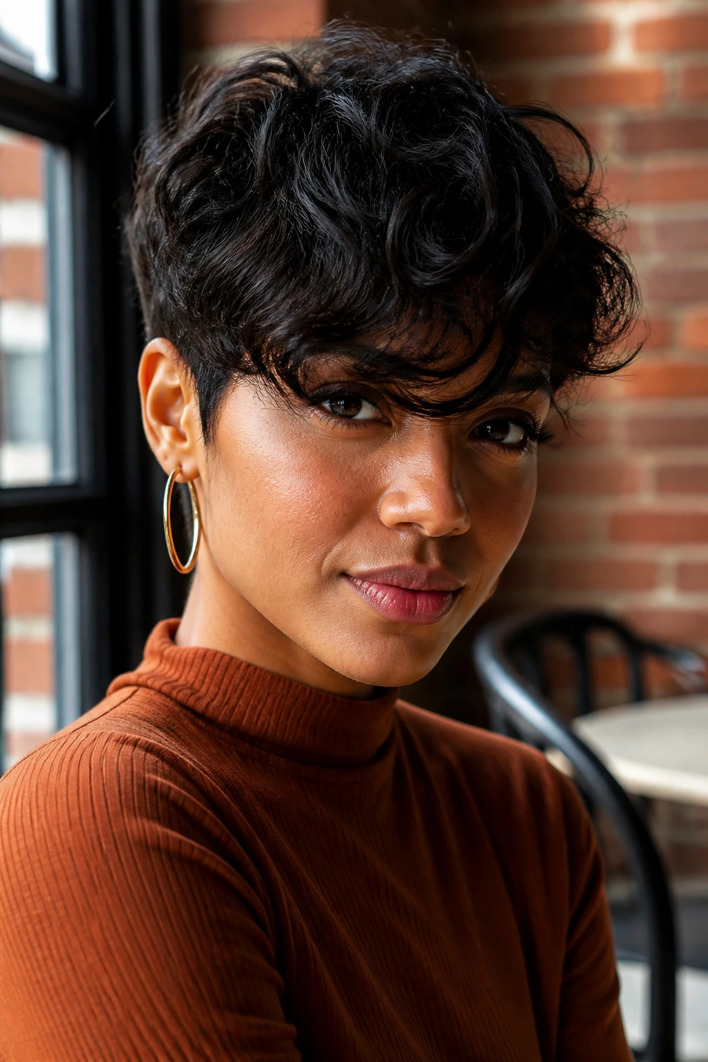 Close-up of a real woman's pixie cut with a long fringe across the forehead.