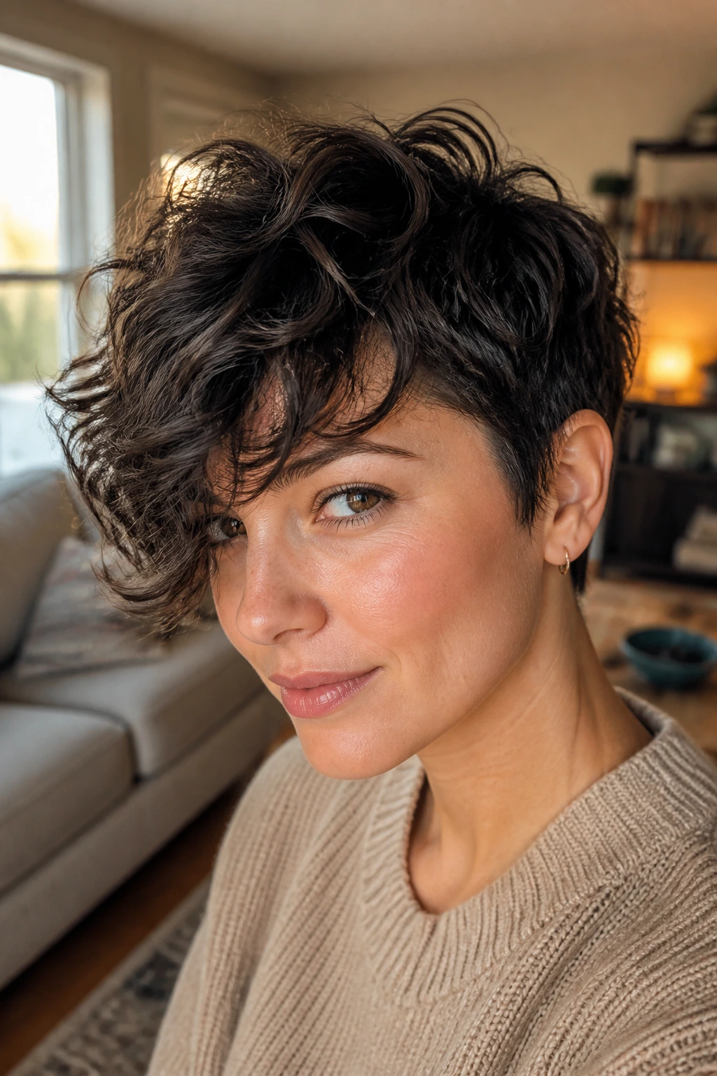 Close-up portrait of a real person with a long fringe pixie framing the face