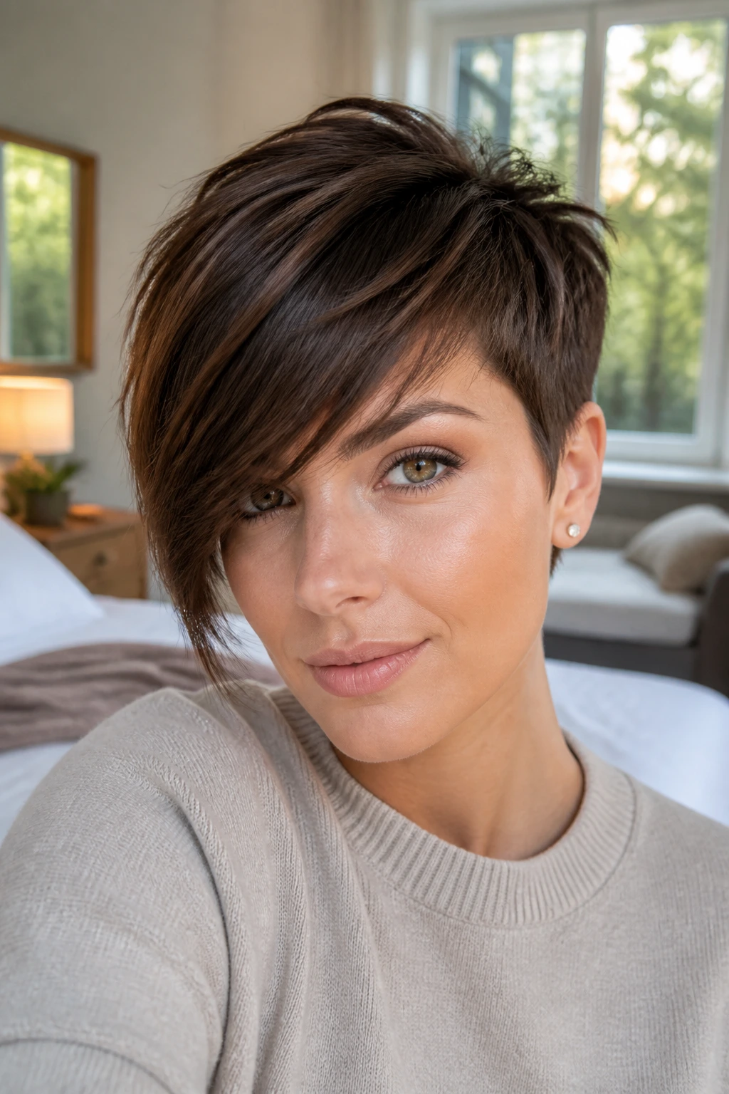 Close-up portrait of a real person with a long fringe pixie haircut