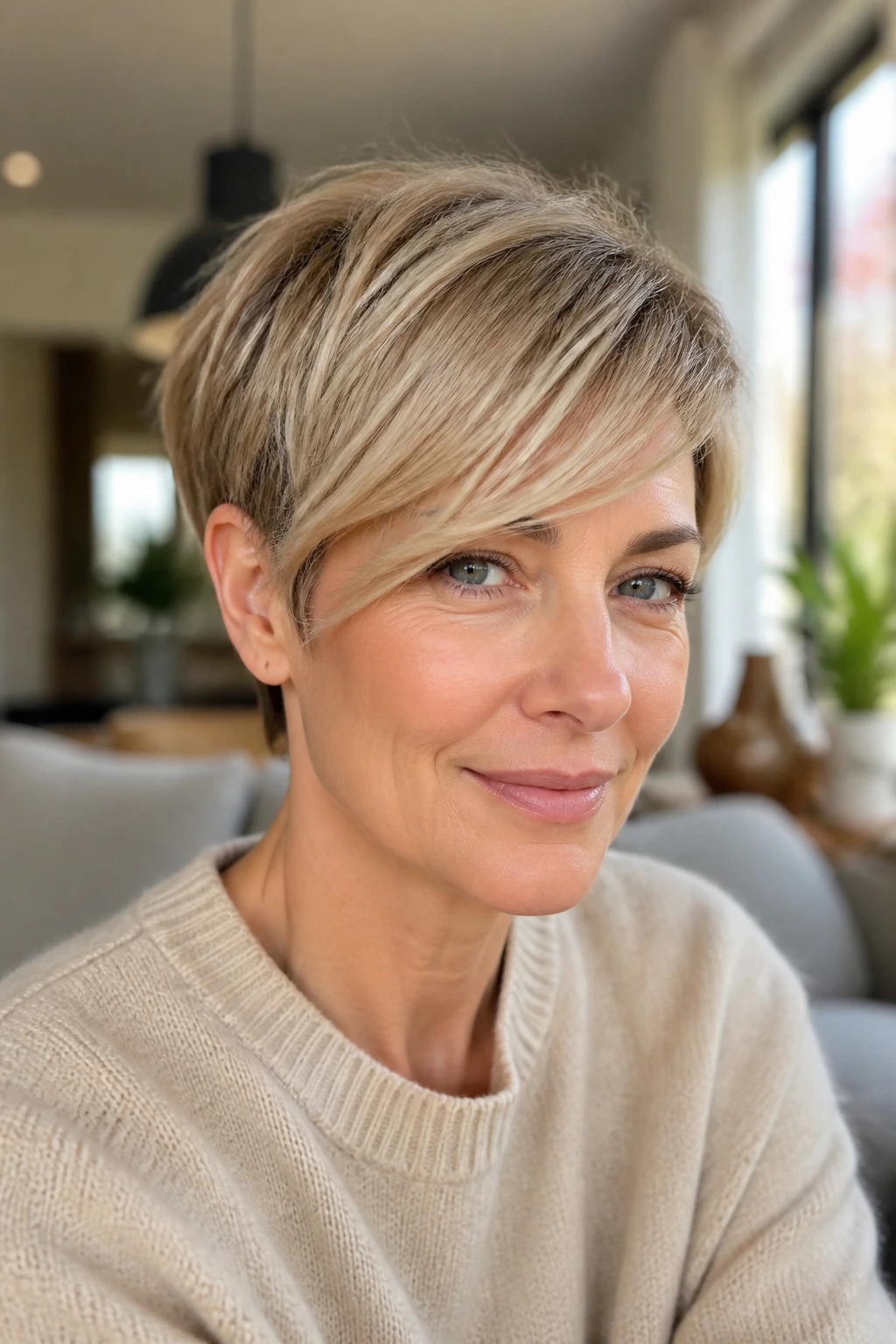 Portrait of woman with long fringe pixie and sweeping fringe across forehead.