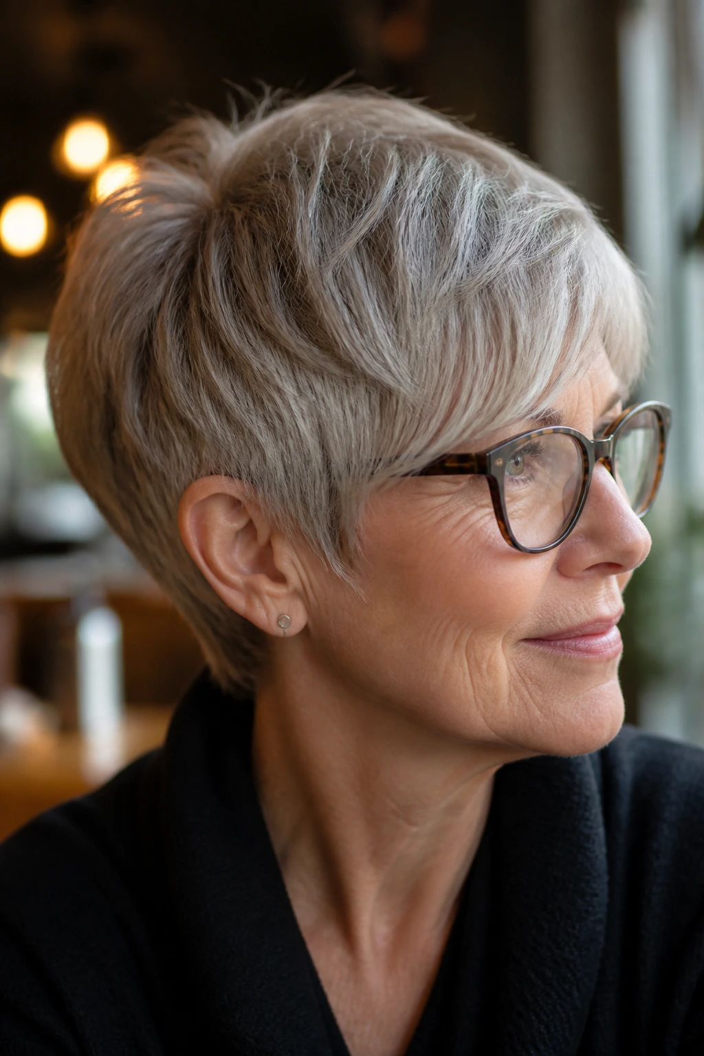 Portrait of a real woman with long fringe pixie.