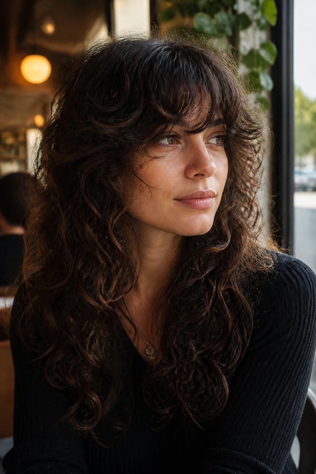 Portrait of a real person with long fringe shag and fringe sweeping across the forehead