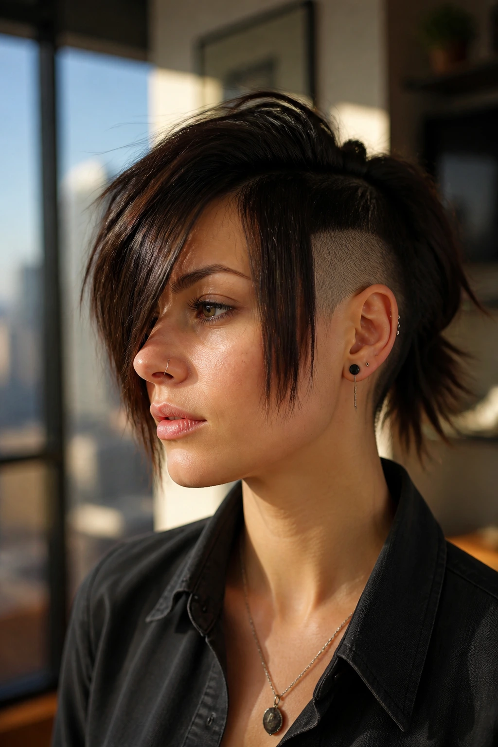 Close-up portrait of a real person with a long fringe and shadow undercut, fringe forward and undercut visible underneath.