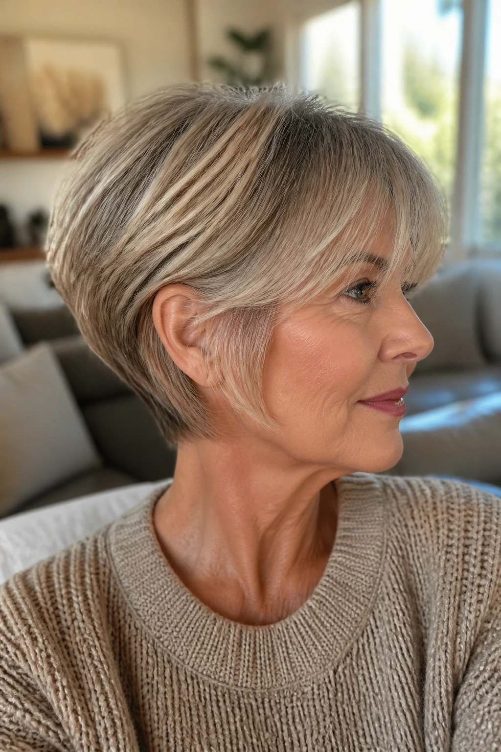 Portrait of a real woman with long fringe undercut and soft ends