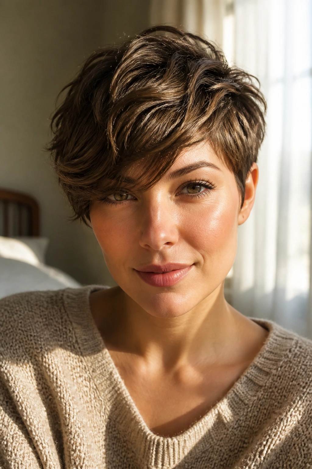 Portrait of a real woman with long fringe wavy pixie on a round face