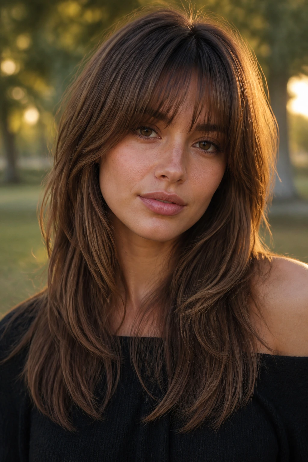 Close-up portrait of a real woman with Long Fringe Whisper Shag