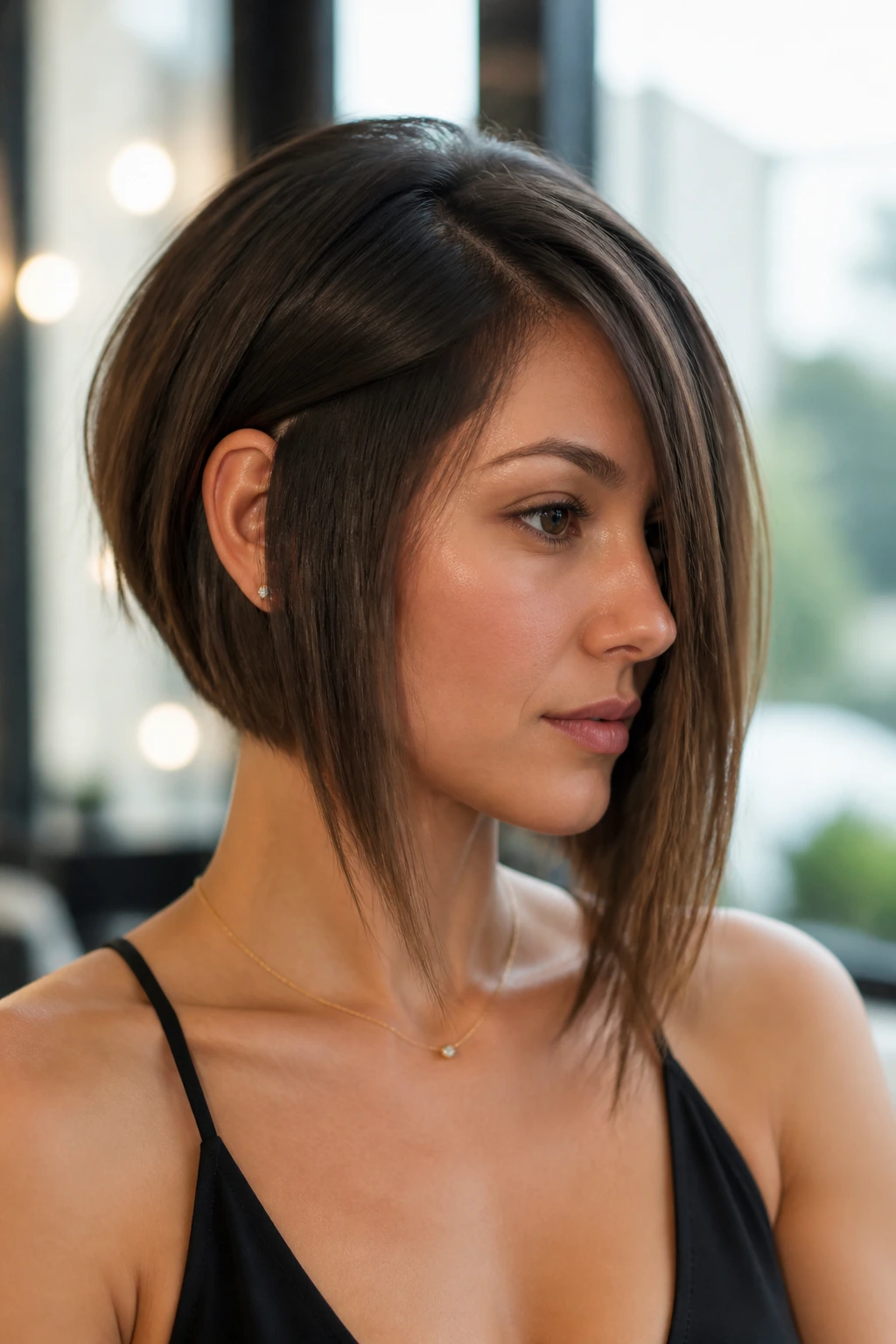Close-up of a real woman with long-front asymmetrical bob and shorter back