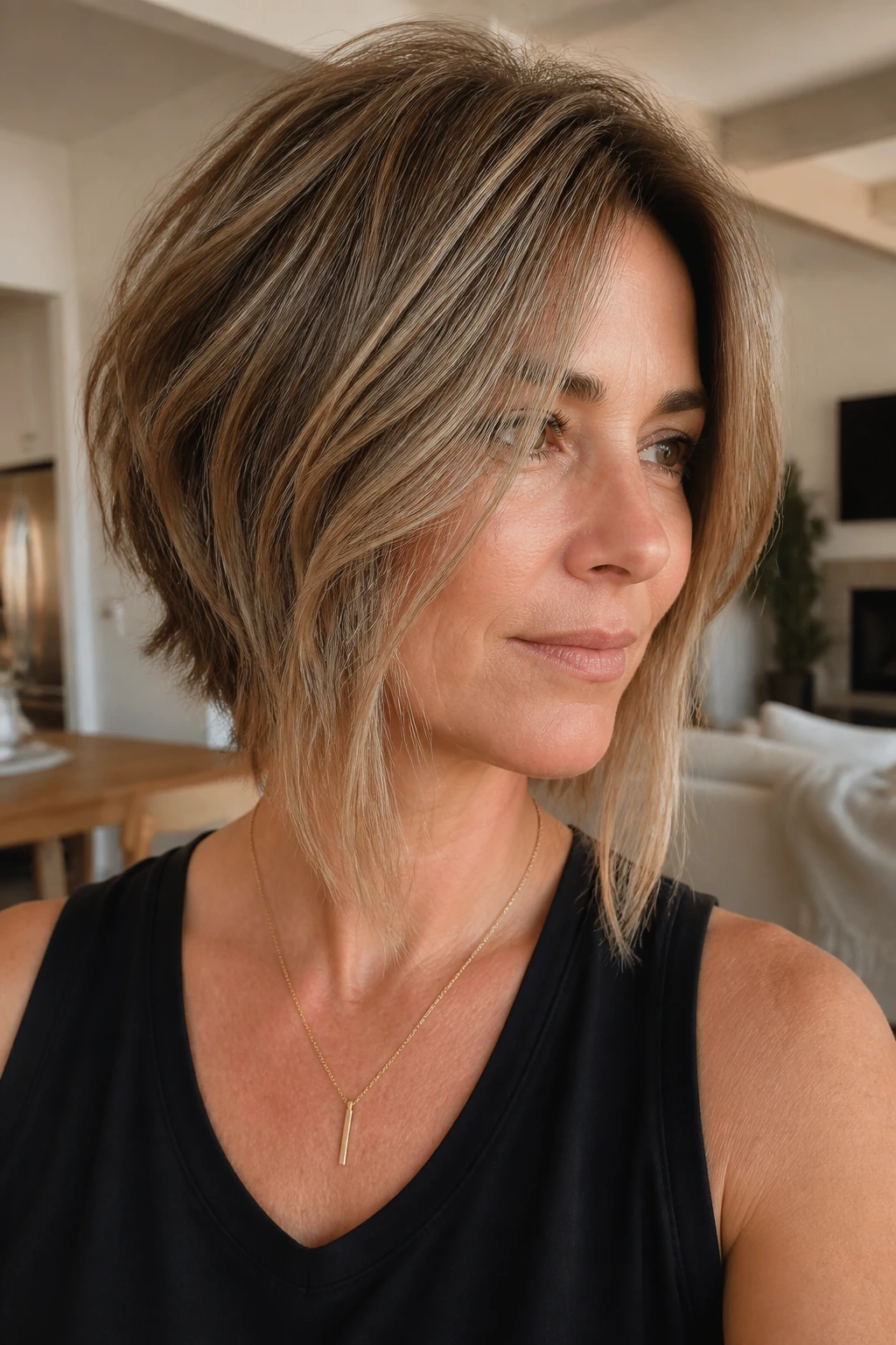 Portrait of a real person with a long-front shag bob, front pieces framing the jaw.