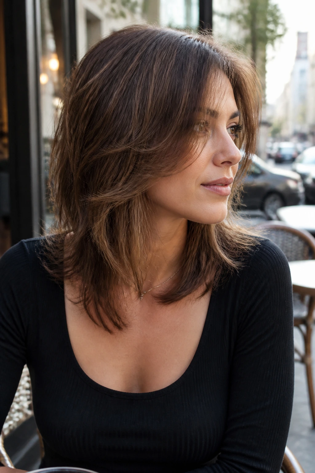Portrait of a woman with long-front shag sweeping sides