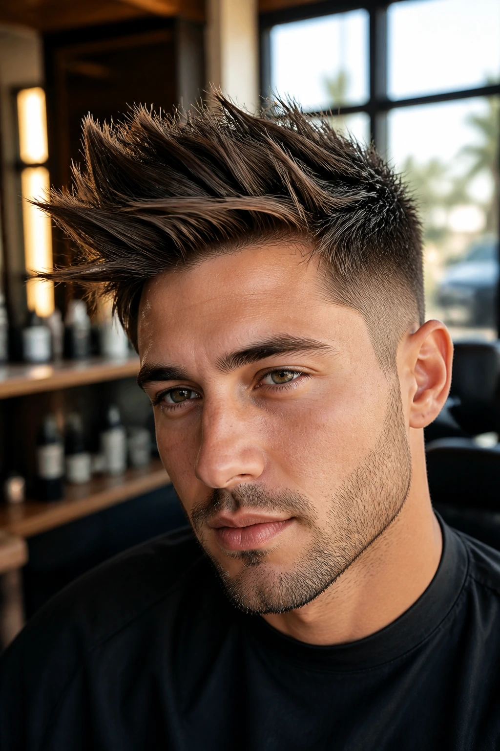 Close-up of man with long front spikes hairstyle in a barbershop setting