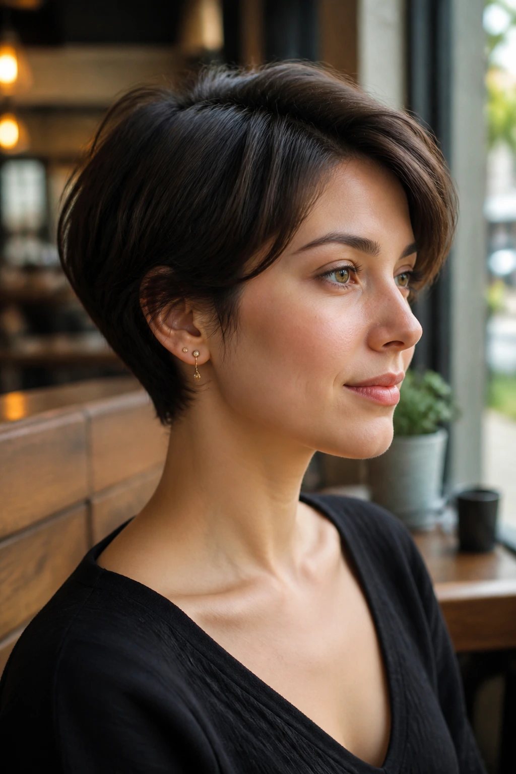 Portrait of a person with a long gamine cut and neat neckline