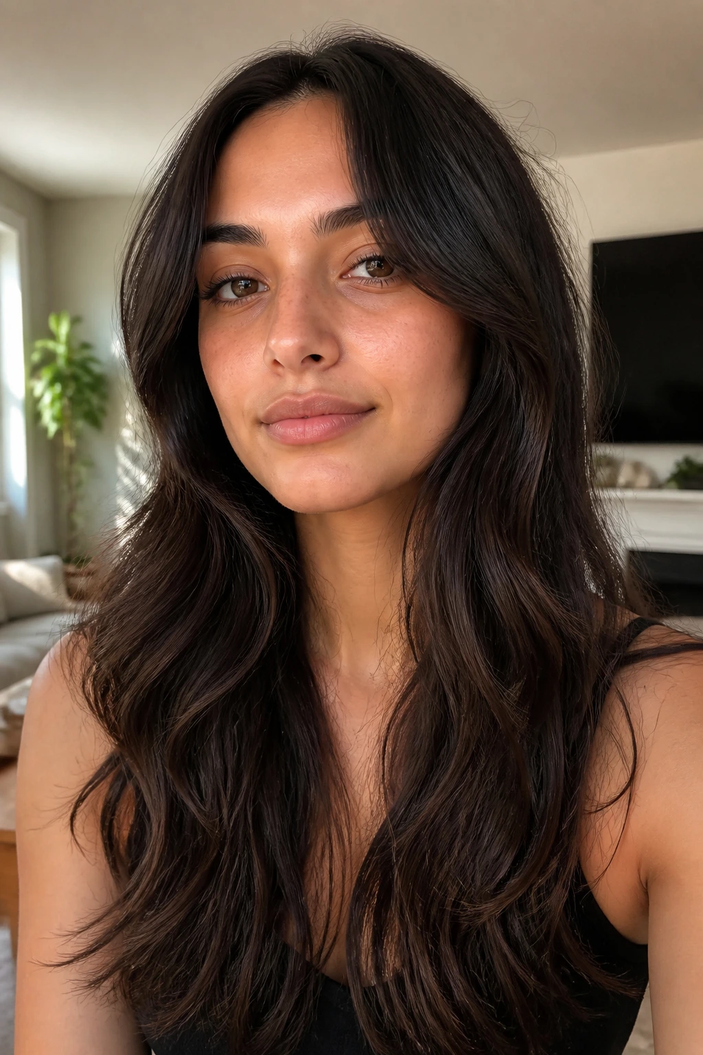 Close-up portrait of a real woman with long ghost layers and soft waves