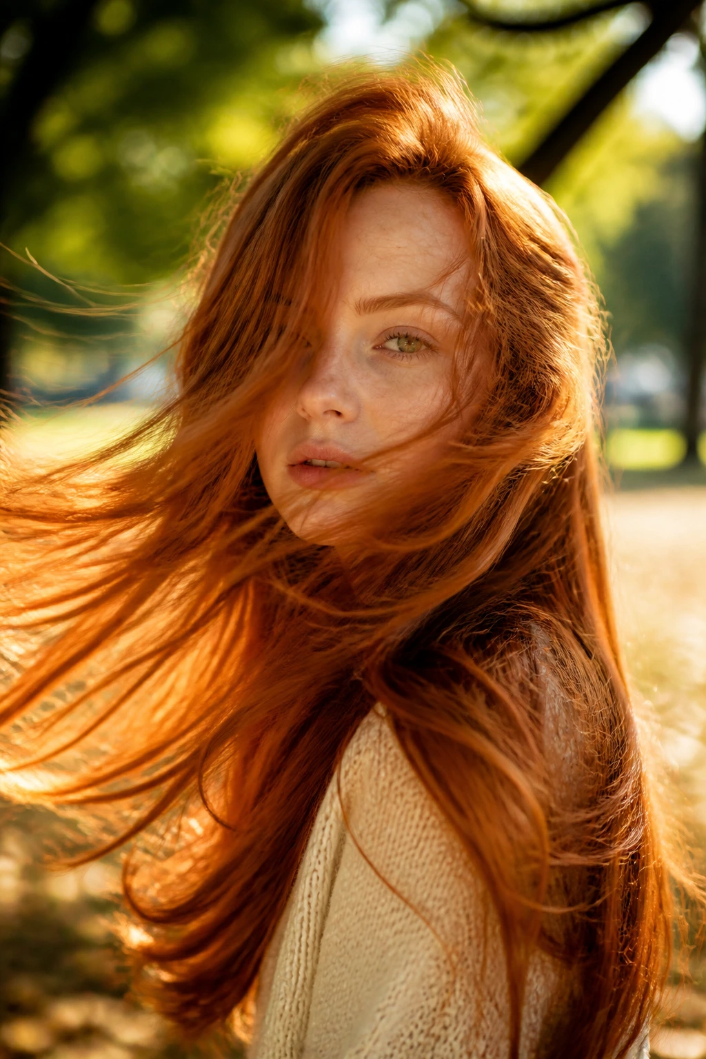 Portrait of a person with long ginger hair moving in the wind outdoors