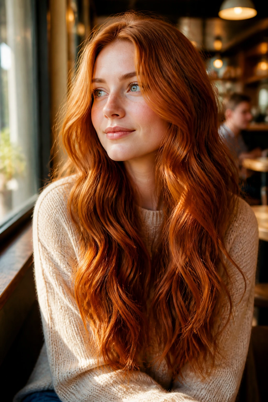 Portrait of a real person with long ginger hair in loose waves showing color