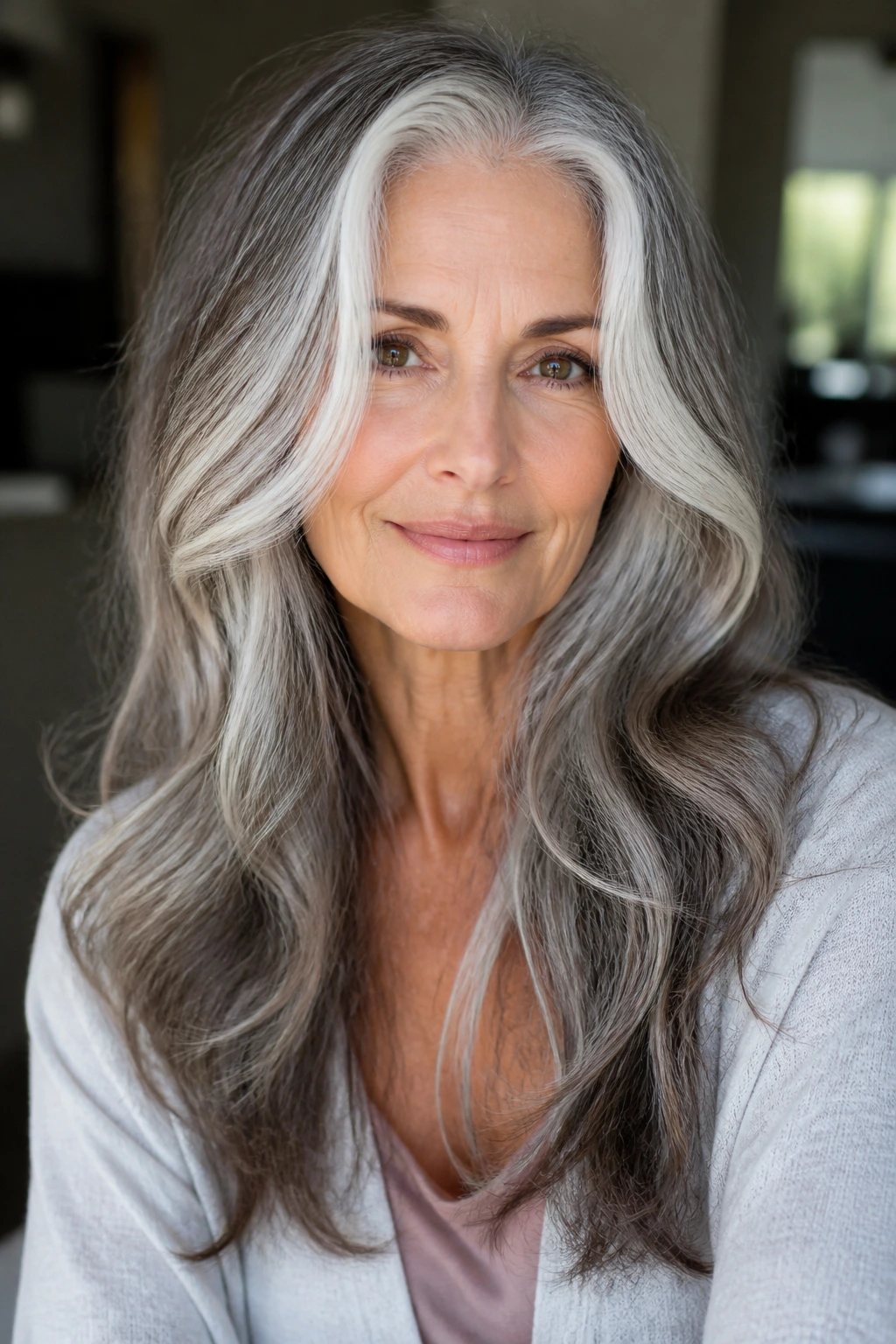 Portrait of a woman with long layers and face-framing silver pieces
