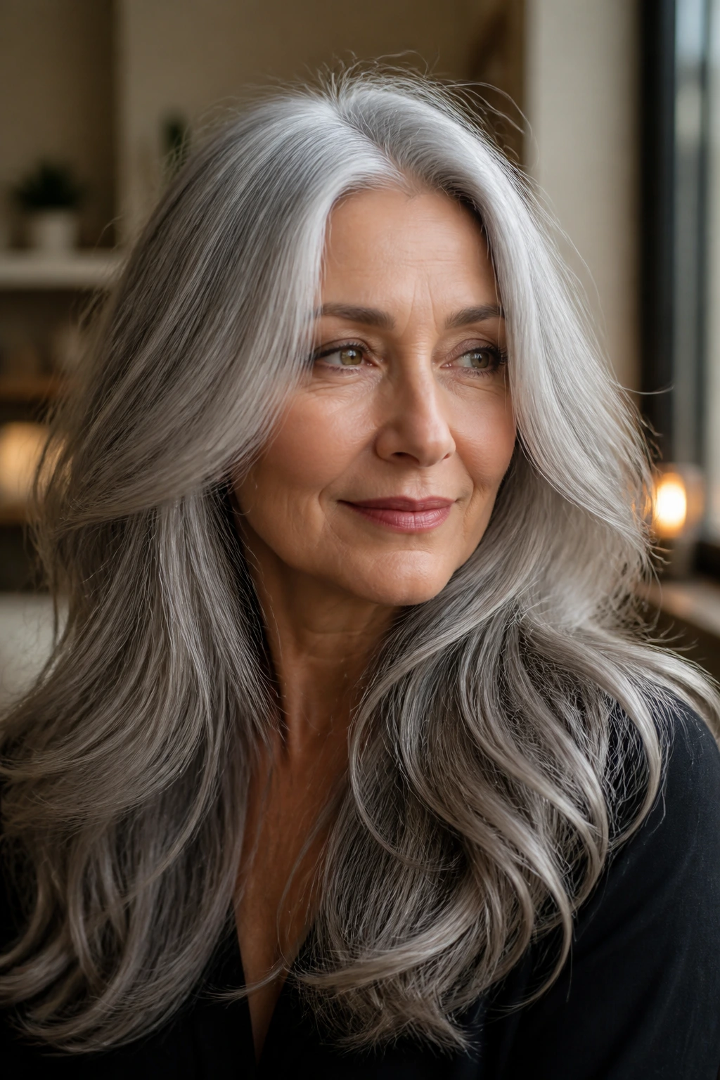 Portrait of a person with long gray hair styled to show shape and movement