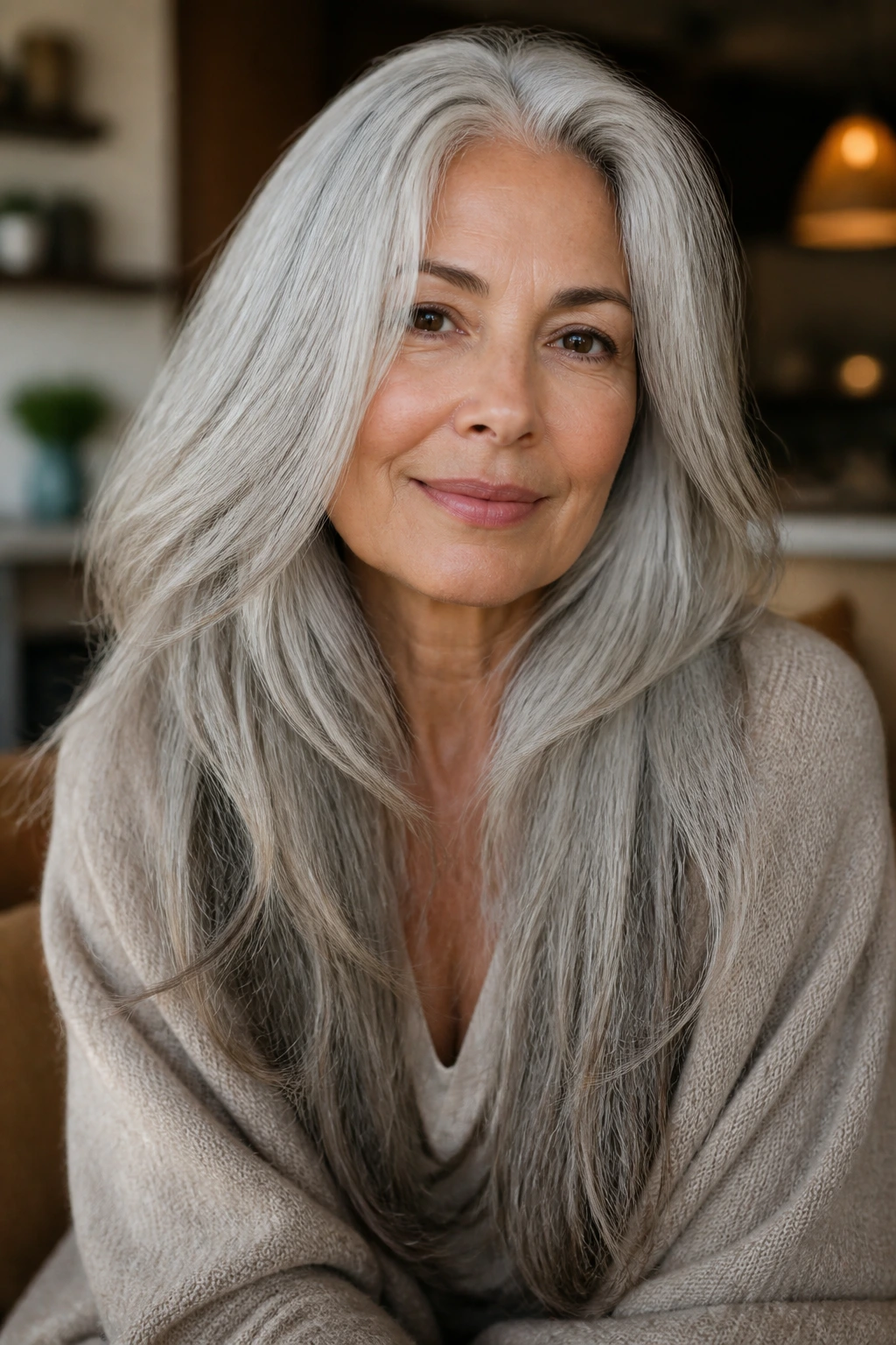 Close-up of a real woman with long gray hair and soft layers framing the face