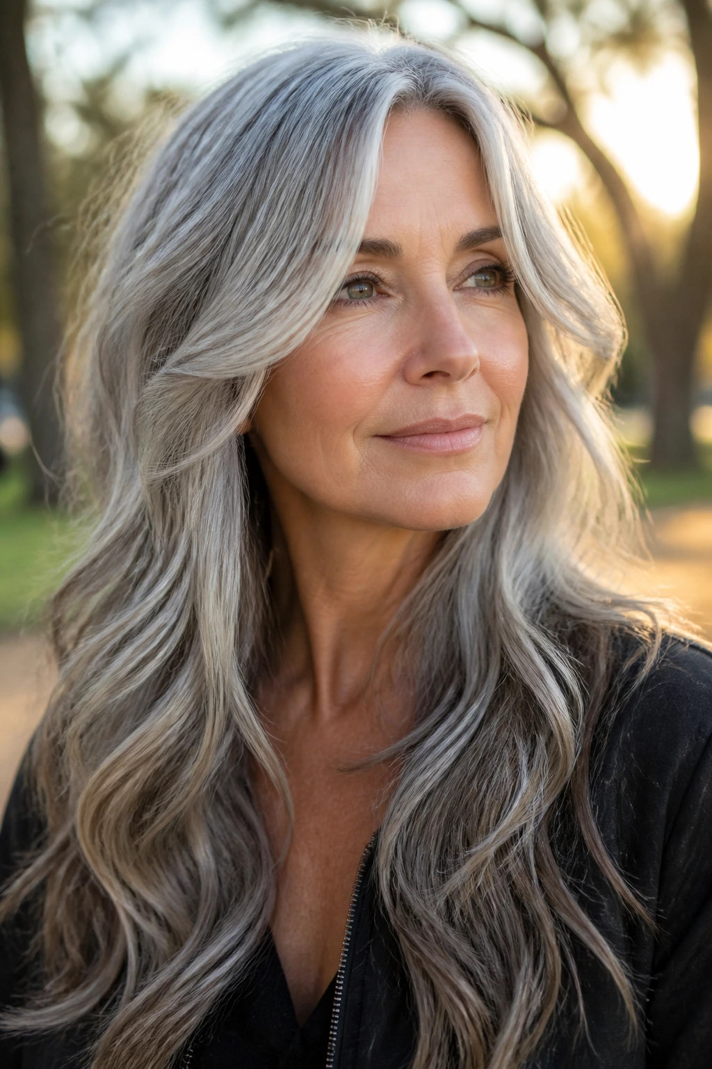 Portrait of a woman with long gray waves and face-framing pieces