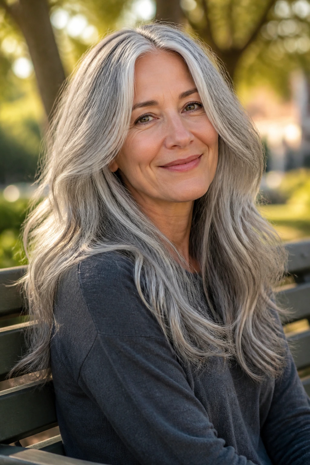 Close-up of a real woman with long gray waves and subtle layers