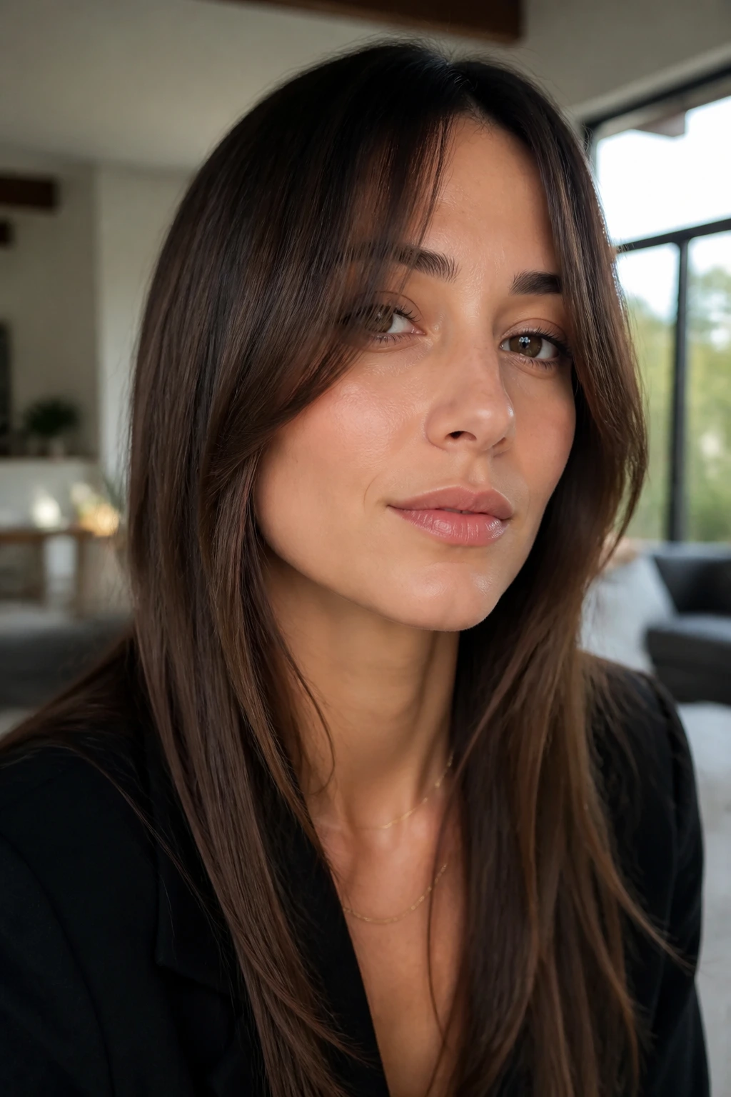 Portrait of a real person with long grown-out curtain bangs blending into front layers