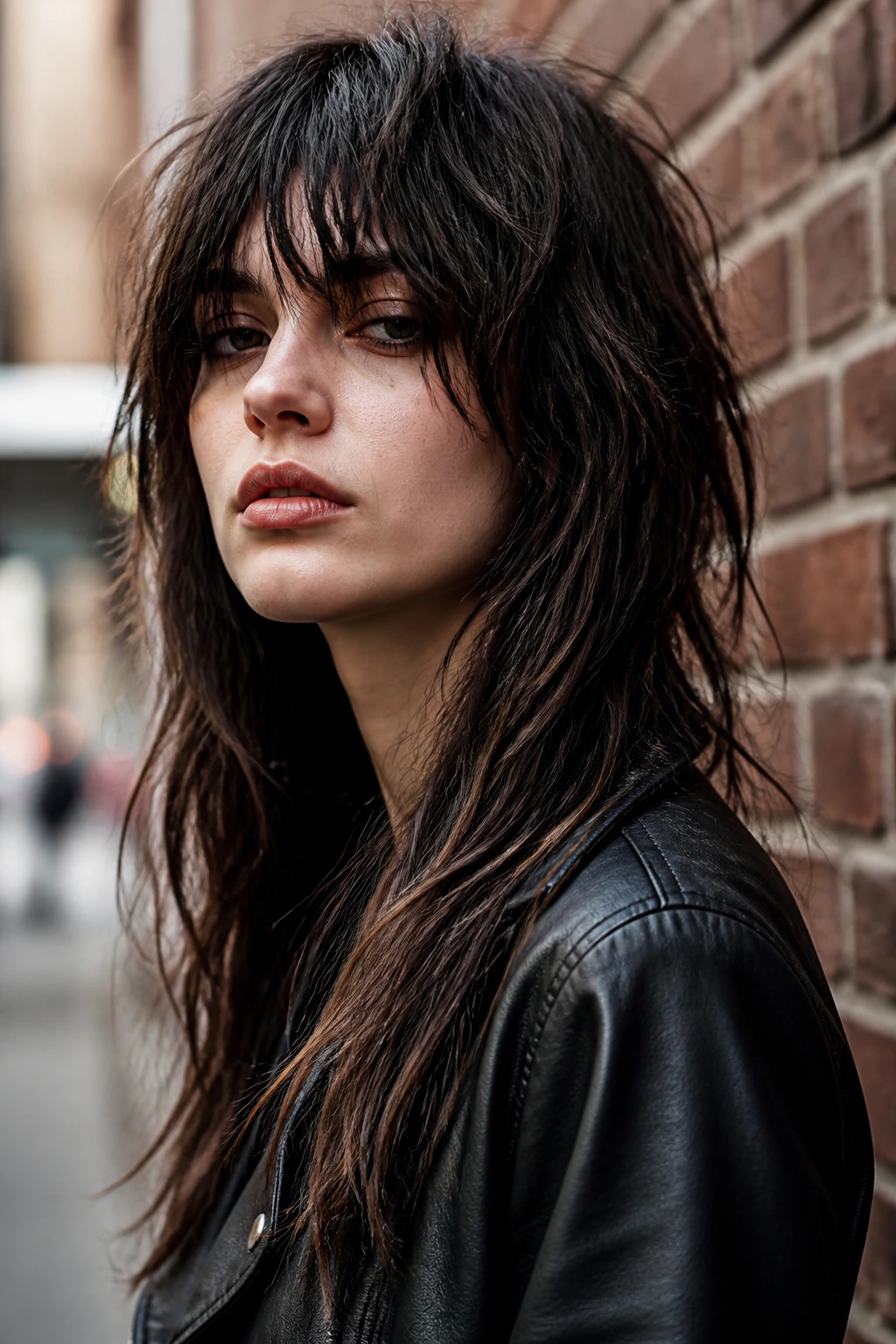 Close-up portrait of a person with long grunge shag and rough layers