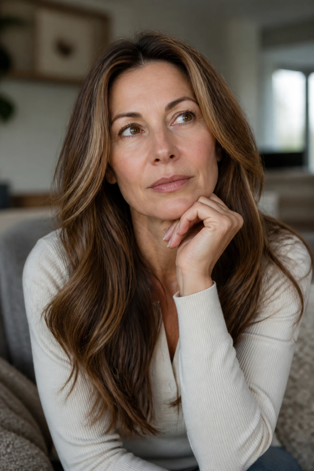 Thoughtful portrait of a woman with long hair after 40