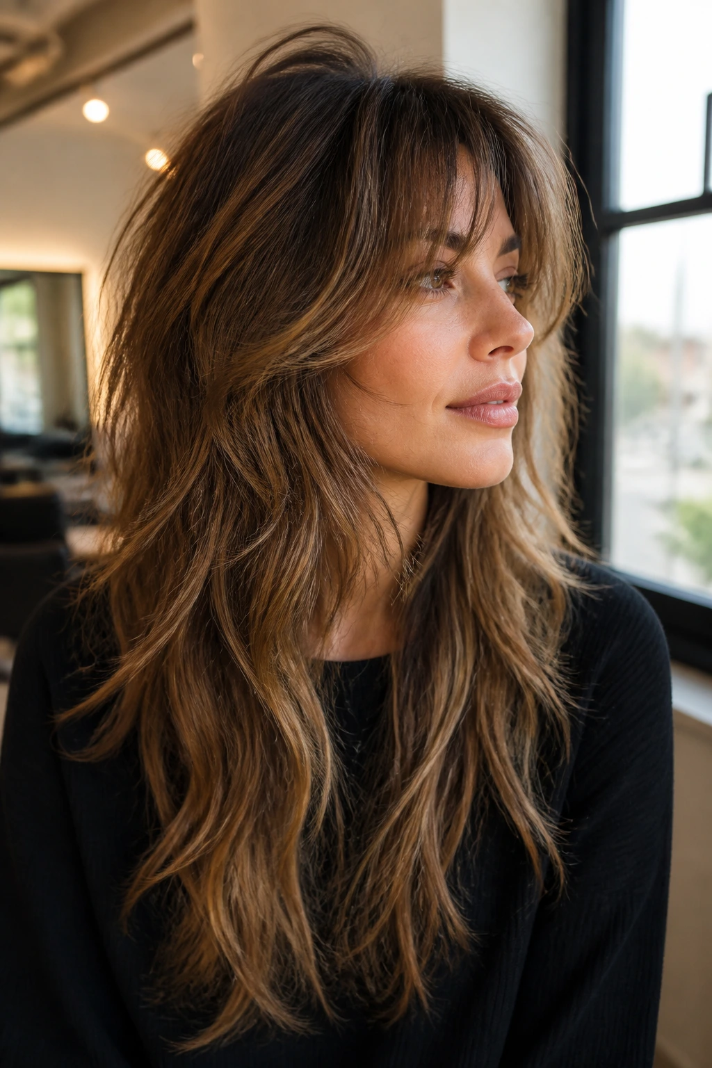 Close-up of a real woman with long shag hairstyle featuring airy texture and crown lift in a softly lit salon